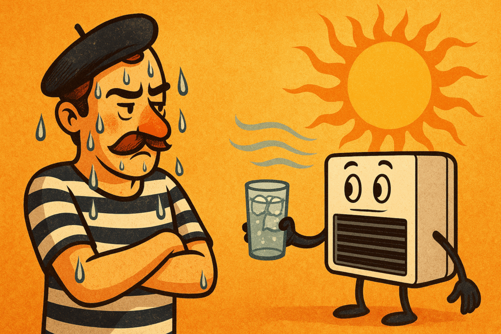 Illustration: A cliché Frenchman (beret and moustache) sweats in the sun. He refuses the help of an air conditioner who hands him a glass of water with ice cubes.