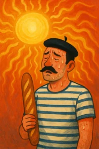 Illustration: A French cliché with beret, moustache and baguette in hand is hot and sweaty under the sun.