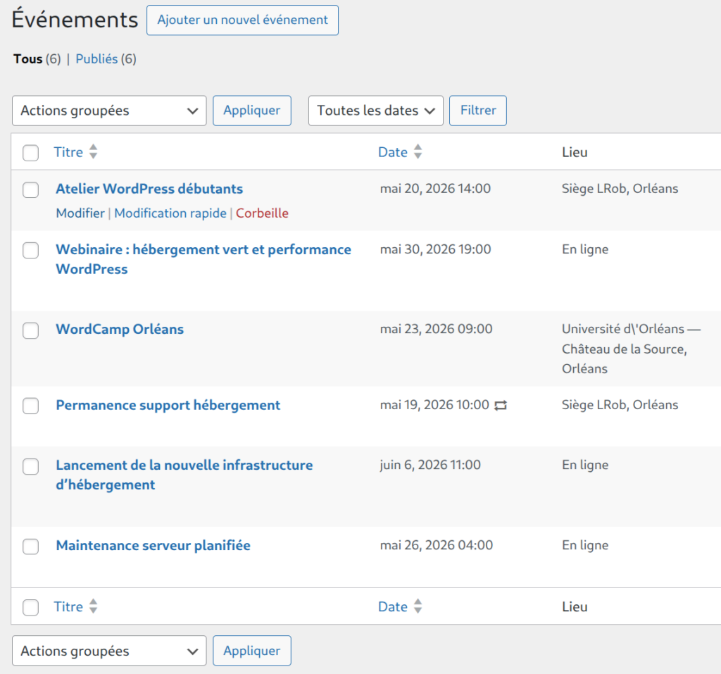 List of admin events